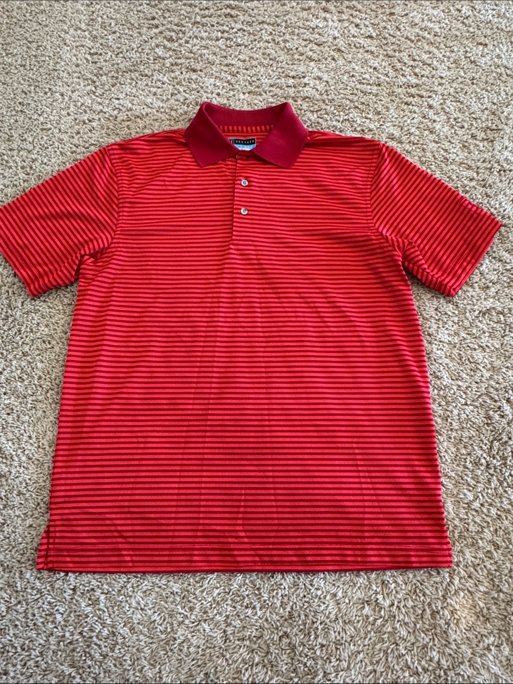 EUC PGATour PGA Tour Mens Red & Orange Striped Wicking Polo Golf Shirt, sz M